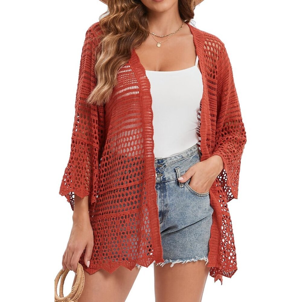 Crochet Womenâs Cardigan Cotton 3/4 Sleeve Open Front Lace Cover Up
